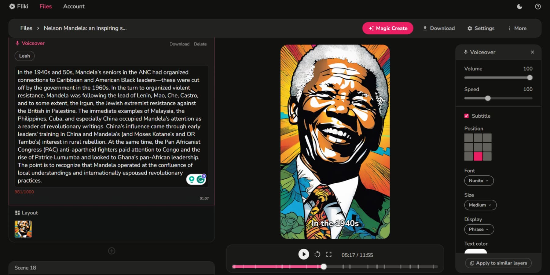 ภาพหน้าจอของวิดีโอที่บอกเล่าเรื่องราวของ Nelson Mandela ที่ถูกสร้างขึ้นโดยใช้ Fliki AI