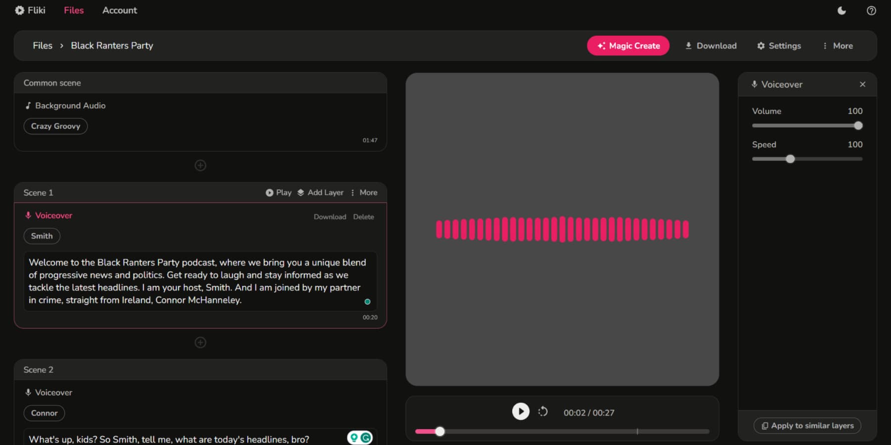 ภาพหน้าจอของพอดแคสต์ที่ถูกสร้างขึ้นโดยใช้ Fliki AI