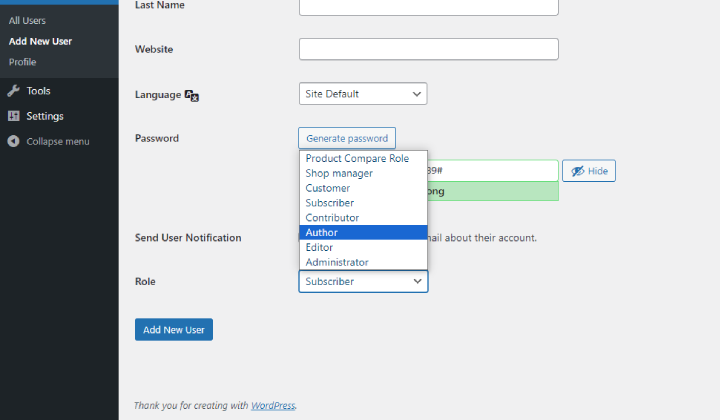 Cómo agregar un nuevo usuario en el sitio web de WordPress 5 Author