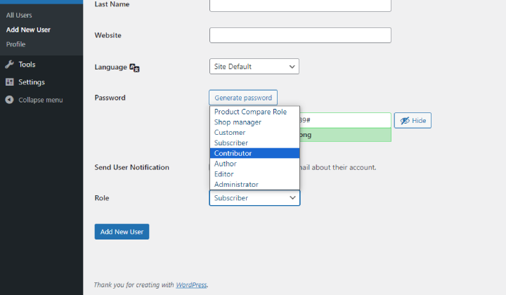 Cómo agregar un nuevo usuario en el sitio web de WordPress 6 Contributor