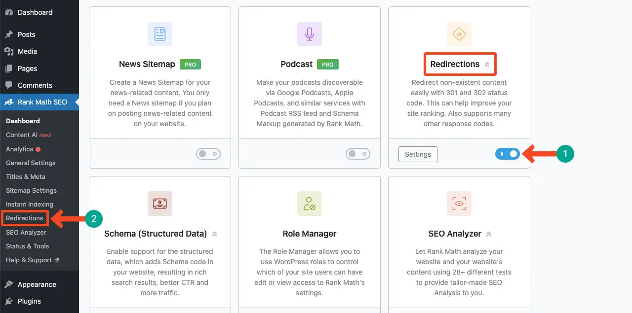 クローン作成と移行後に古いドメインを新しいドメインにリダイレクトする方法 9 Enable redirections in Rank Math SEO