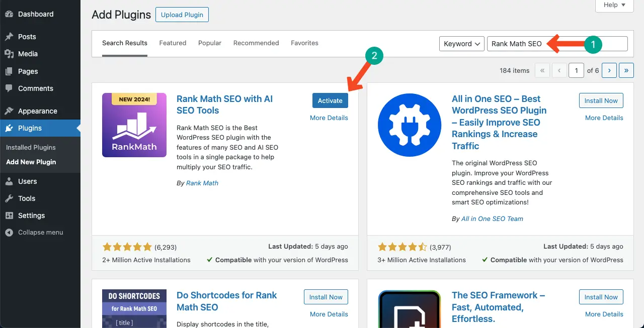 クローン作成と移行後に古いドメインを新しいドメインにリダイレクトする方法 8 Install and activate the Rank Math SEO plugin