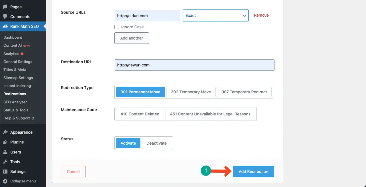 クローン作成および移行後に古いドメインを新しいドメインにリダイレクトする方法 11 Press the button Add Redirection