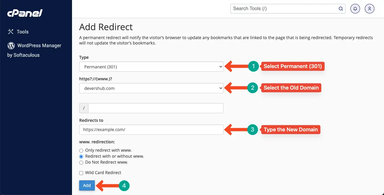 クローン作成と移行後に古いドメインを新しいドメインにリダイレクトする方法 7 Set Permanent (301) redirect