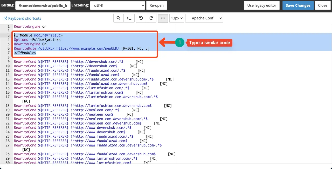 クローン作成および移行後に古いドメインを新しいドメインにリダイレクトする方法 14 Type your code to redirect in .htaccess file