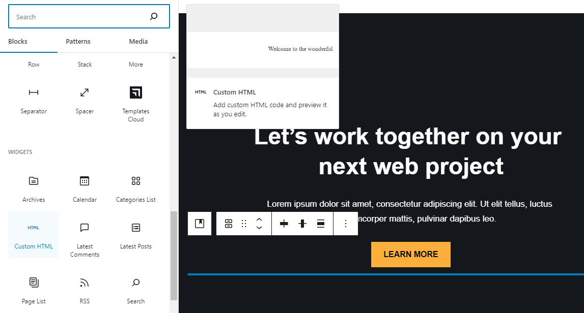 WordPress 블록 편집기에는 페이지에 사용자 정의 HTML 코드를 추가하는 데 사용할 수 있는 블록이 있습니다. 해당 블록은 적절하게 사용자 정의 HTML이라고 합니다.