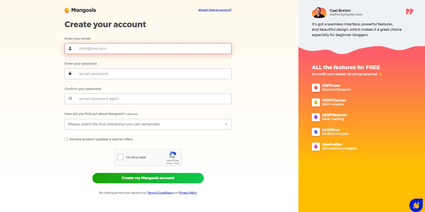 Mangool의 등록 페이지 스크린샷