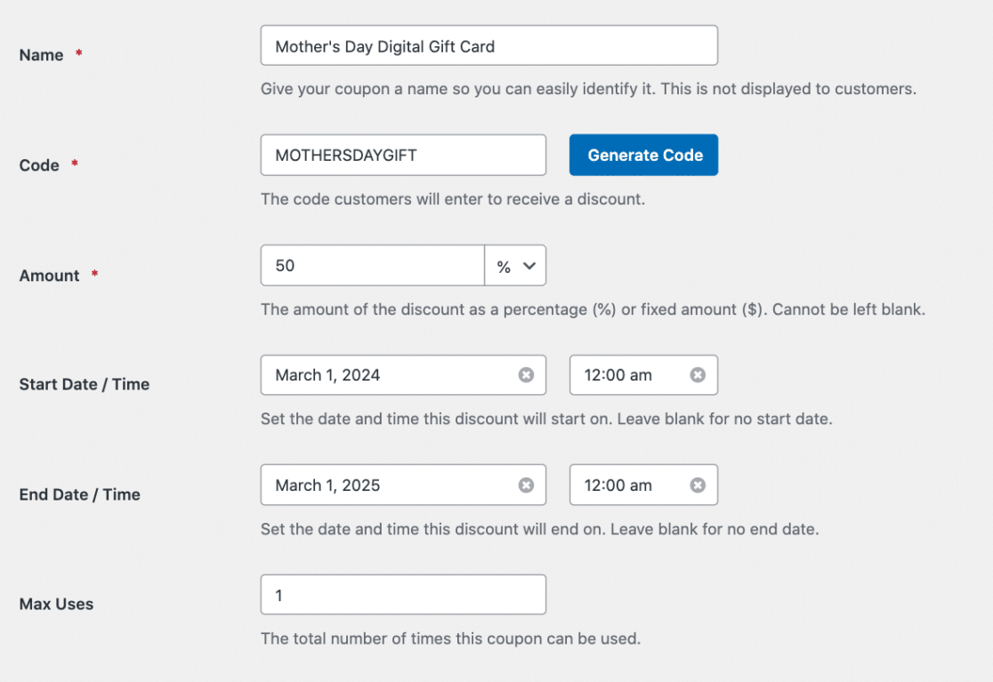 Creating a gift card coupon