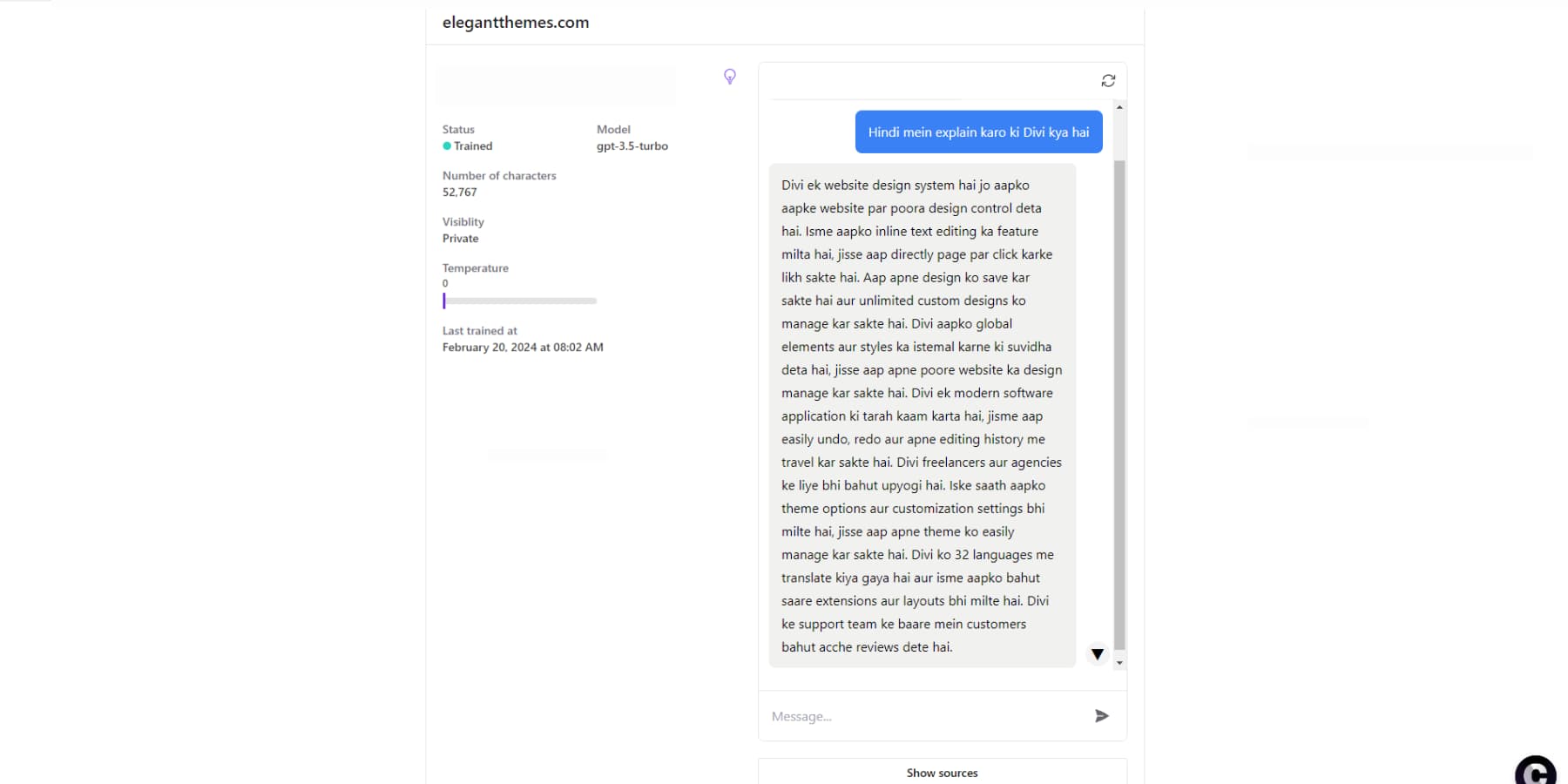 Una captura de pantalla de la respuesta de Chatbase en hindi.