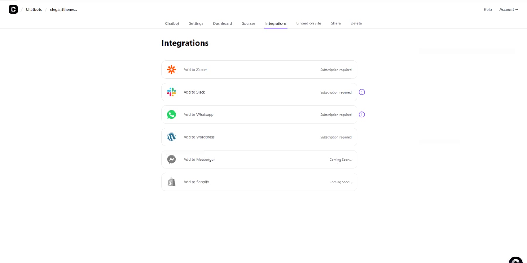 Una captura de pantalla de las integraciones de Chatbase.