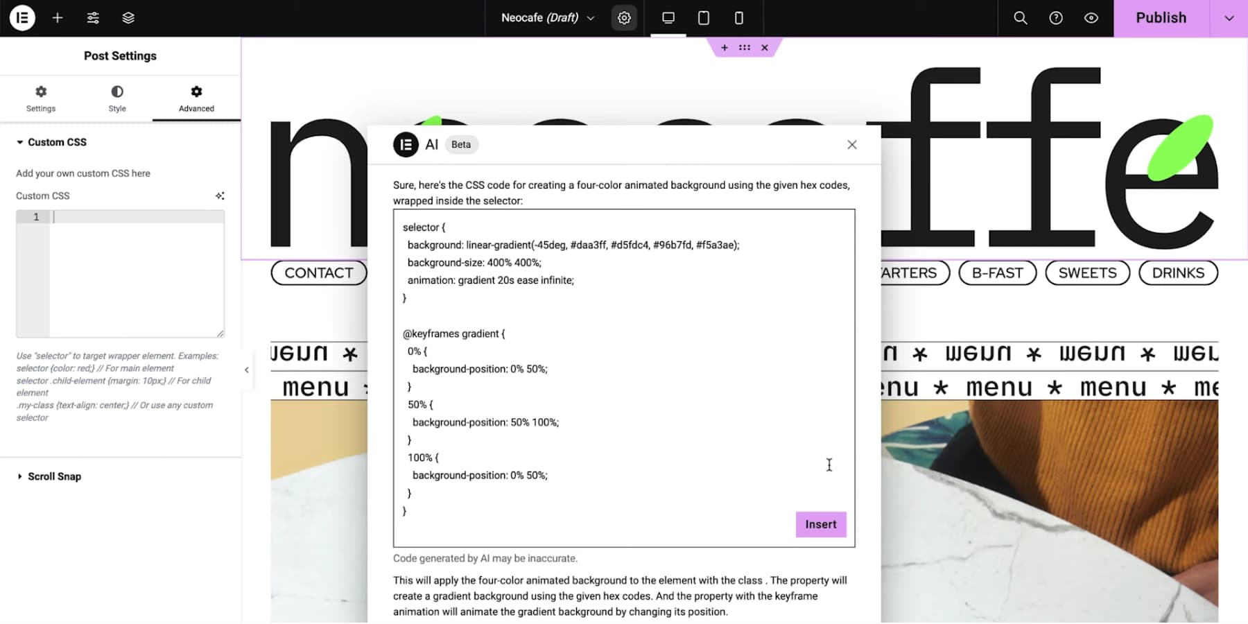 Elementor AI がカスタム コードを生成するスクリーンショット