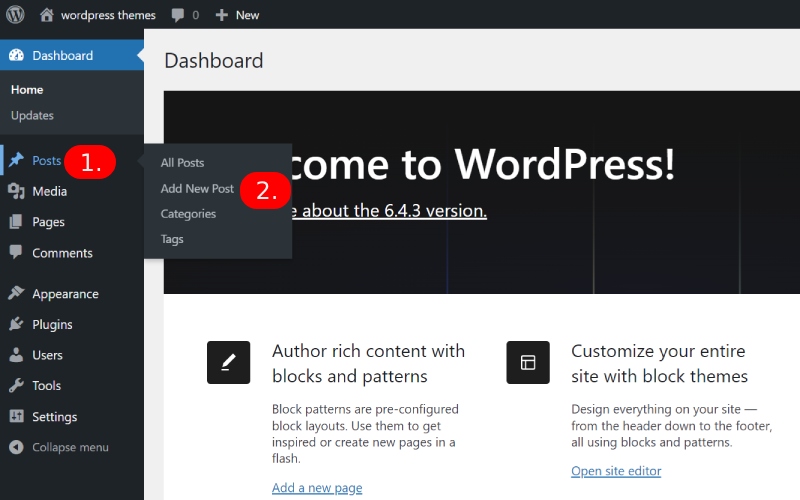 Come aggiungere una barra di avanzamento al sito Web WordPress nel 2024 3 Dashboard ‹ wordpress themes — WordPress