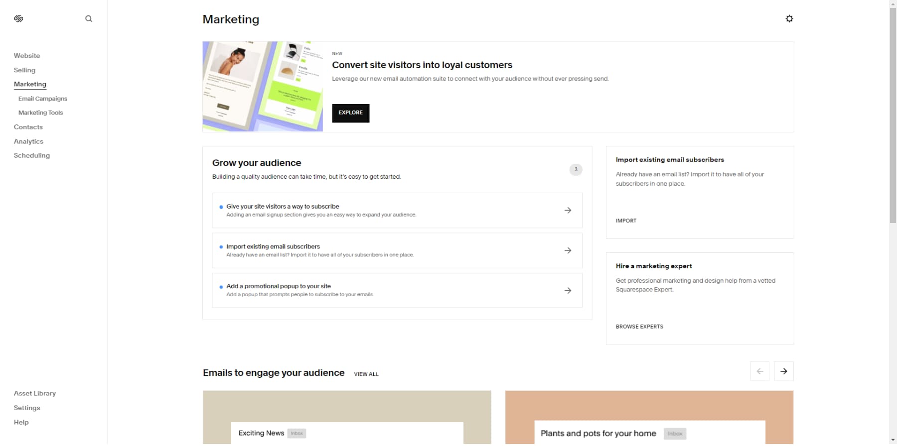 Una captura de pantalla del panel de opciones de marketing de Squarespace
