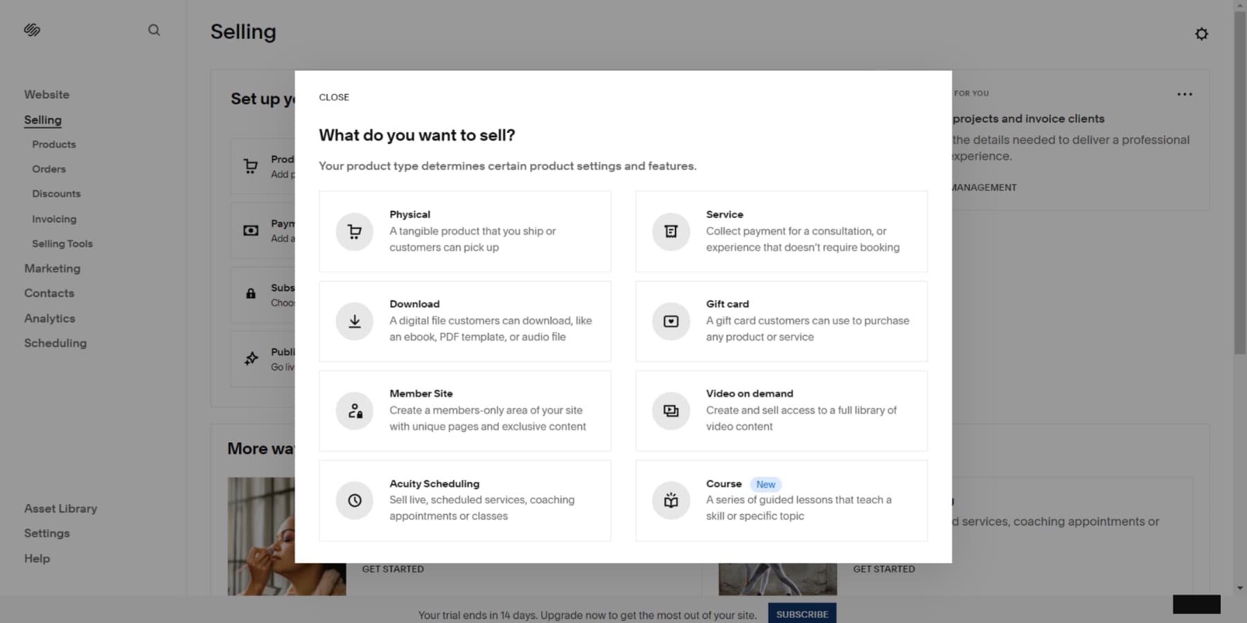 Squarespace'in e-ticaret özelliklerinin ekran görüntüsü
