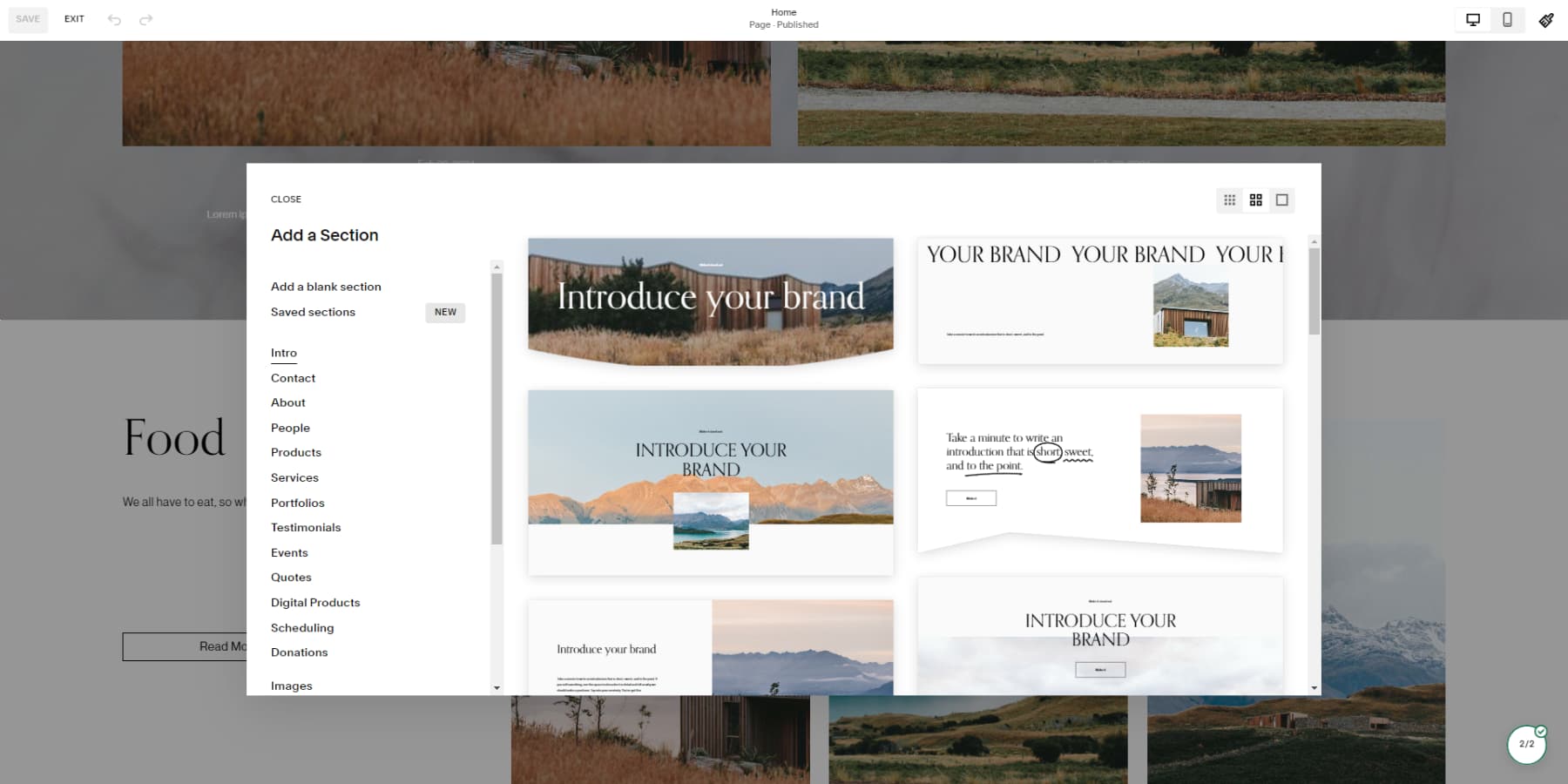 Uno screenshot delle sezioni predefinite di Squarespace