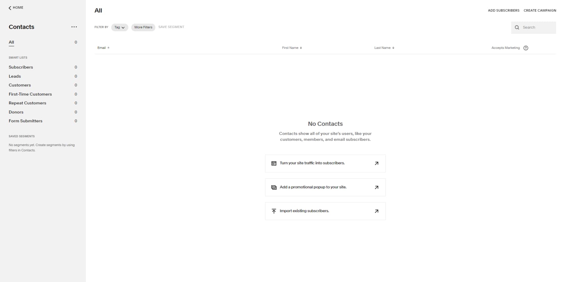 Ein Screenshot des Kontaktoptionen-Panels von Squarespace