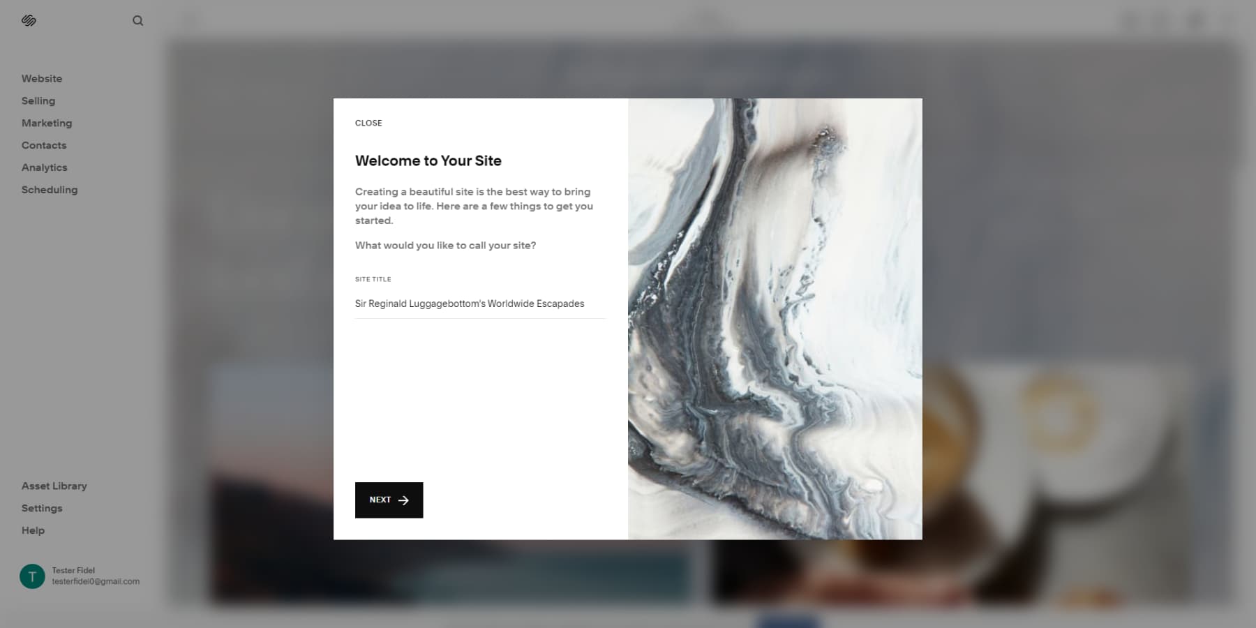 Uma captura de tela da tela de boas-vindas do Squarespace