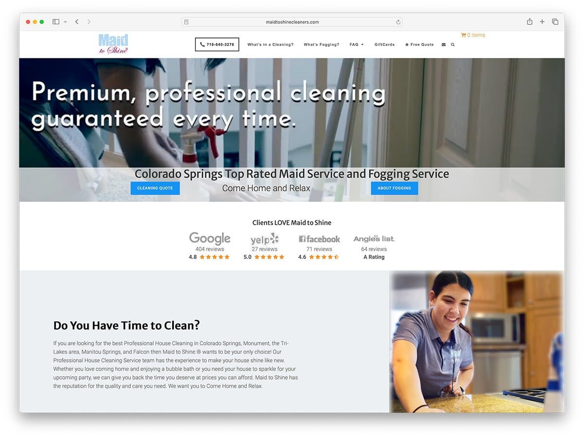 Maid to Shine Cleaners - เว็บไซต์บริษัททำความสะอาดที่สร้างด้วย WordPress