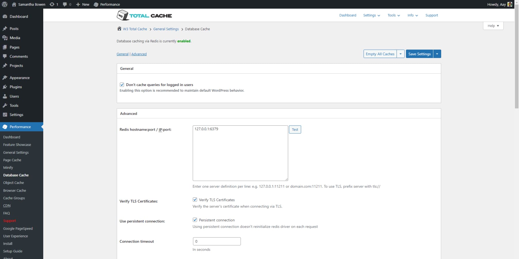 Uno screenshot delle opzioni della cache del database del W3TC