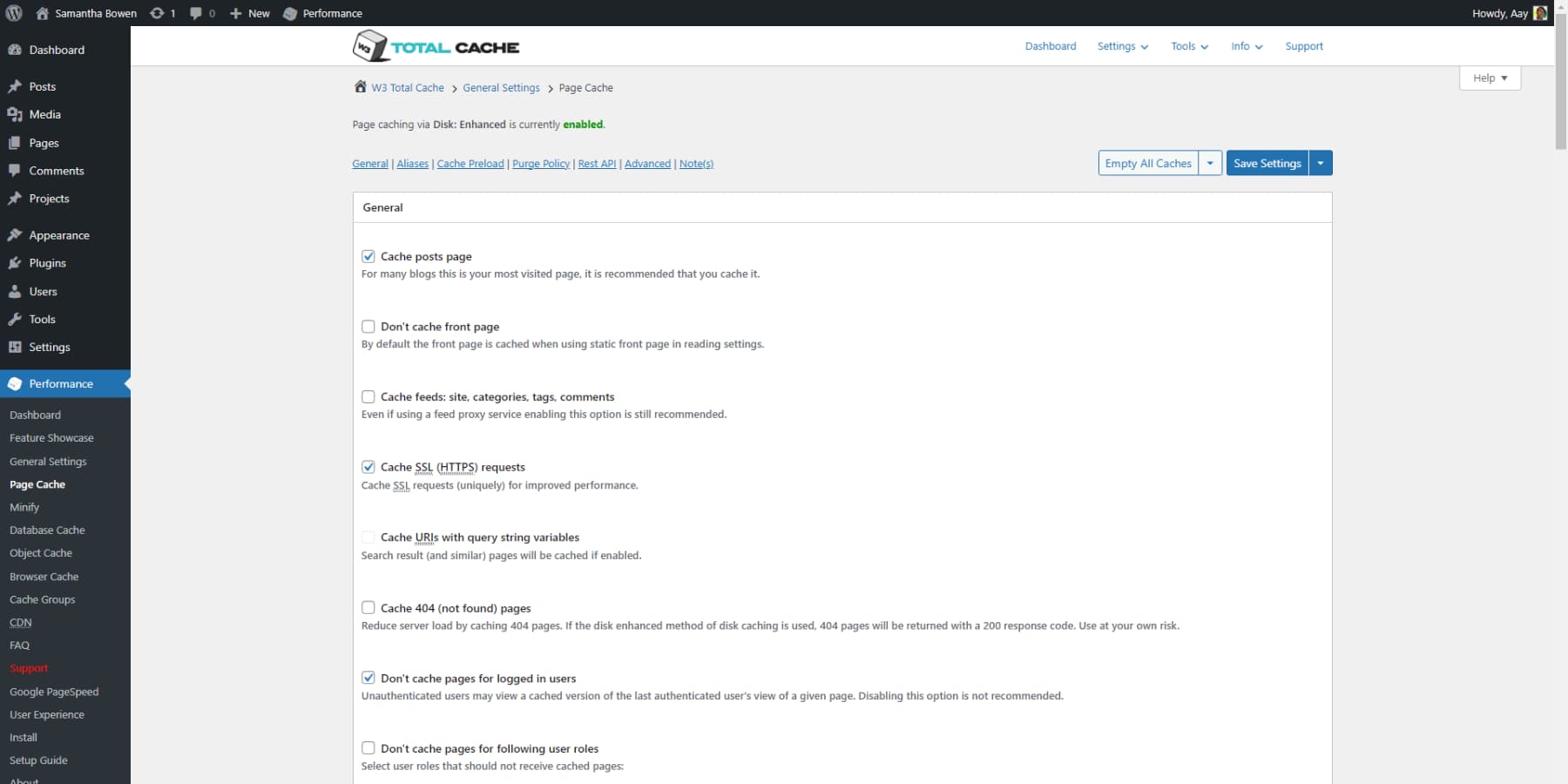 Ein Screenshot der Seiten-Cache-Optionen von W3TC