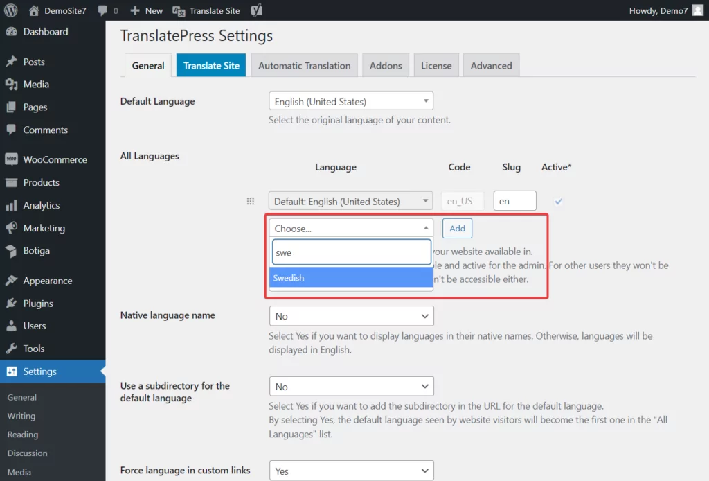 selezionando la seconda lingua in TranslatePress Free