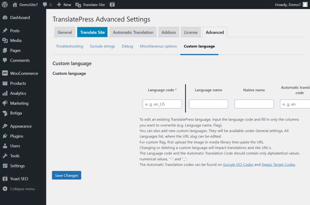 aggiunta di una lingua personalizzata in TranslatePress Free