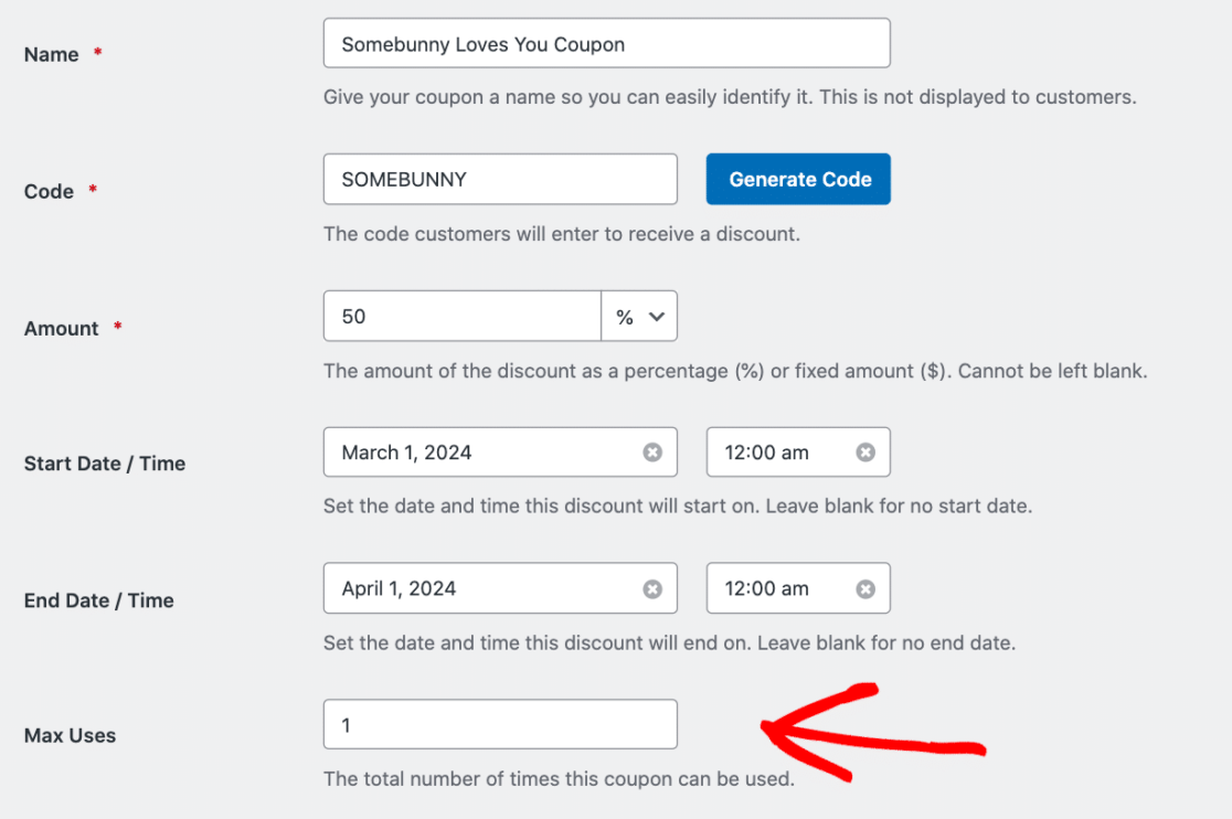 Setting the coupon max uses field