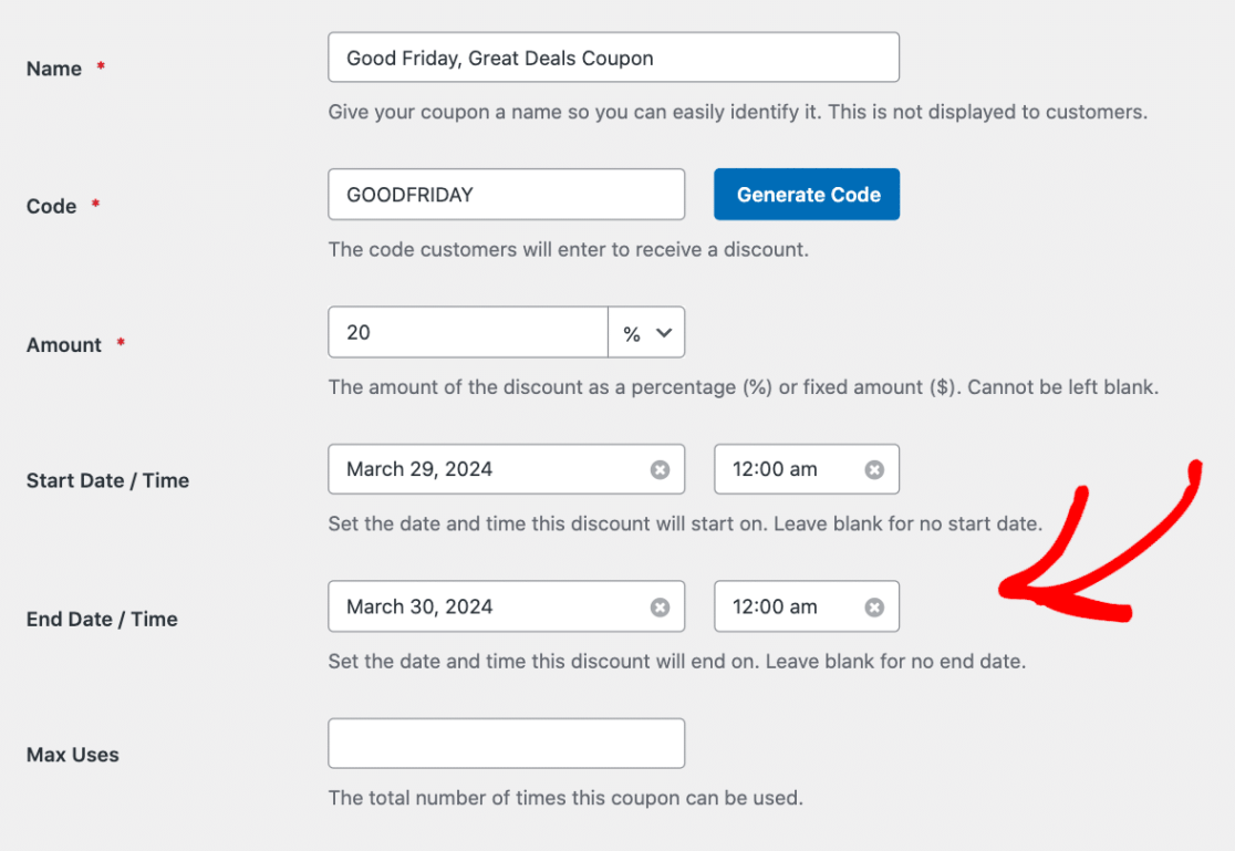 Selecting the coupon end date and tiem