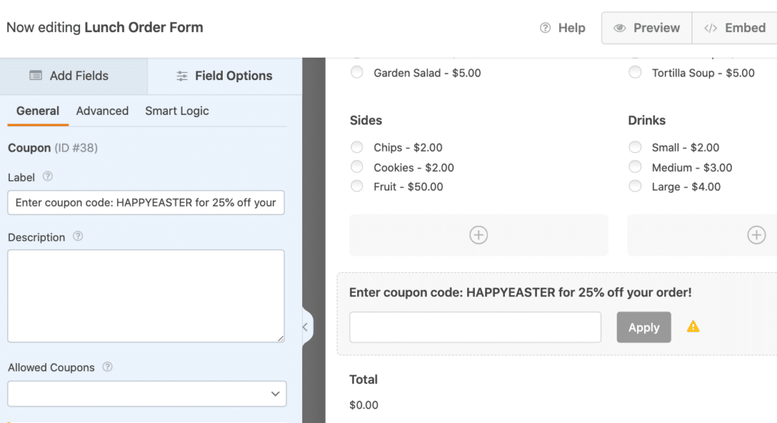 Adding the Coupon field to an order form