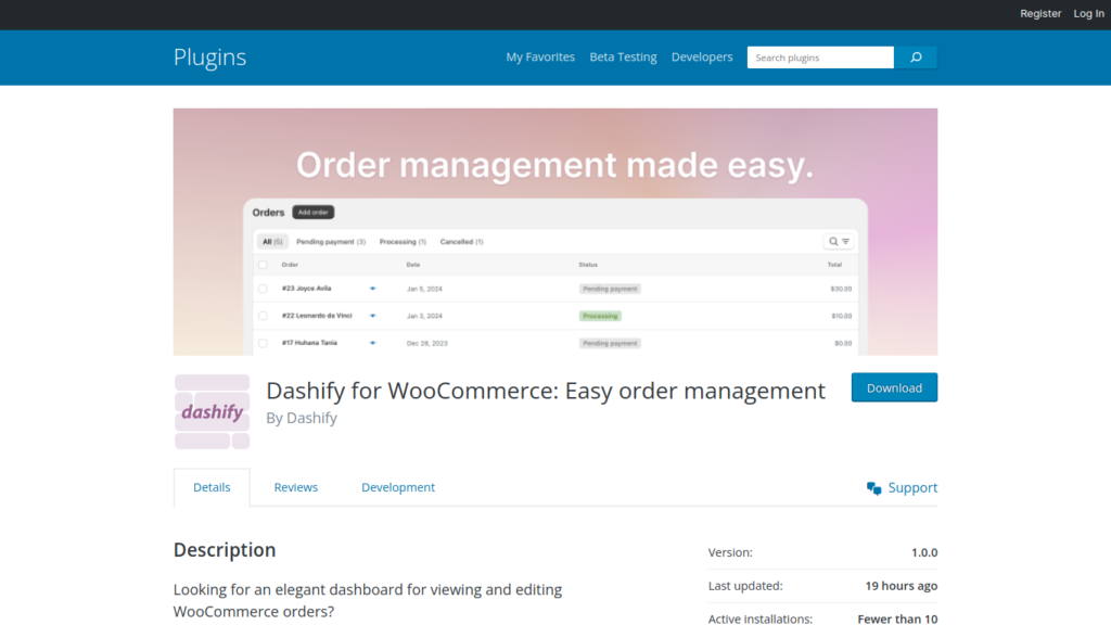 Captura de pantalla de la página de inicio del complemento de WordPress Dashify para WooCommerce A preview of the Dashify plugin page