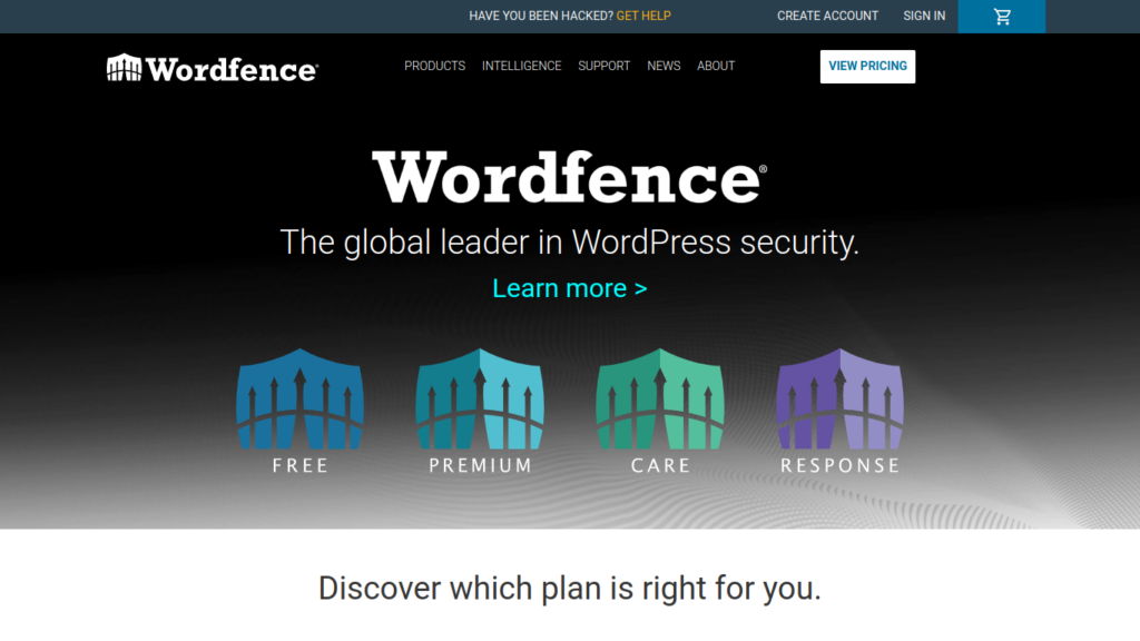 Captura de pantalla de la página de inicio del complemento de WordPress Wordfence Security The Wordfence homepage