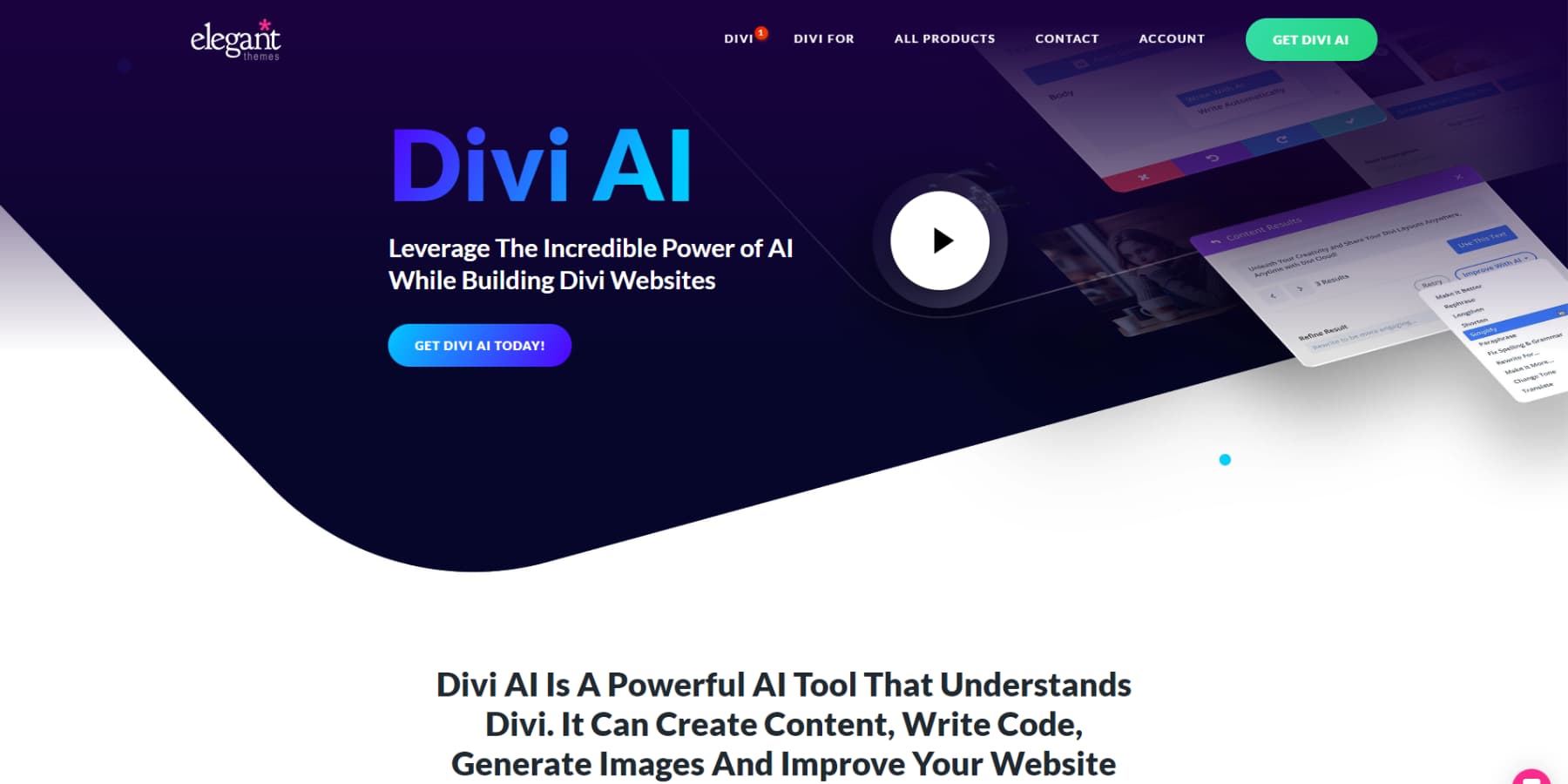 Ein Screenshot der Homepage von Divi AI