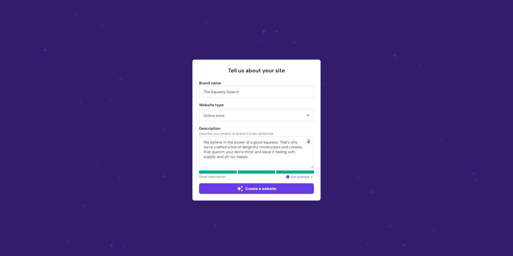 O captură de ecran a chestionarului pentru constructorul de site-uri web AI de la Hostinger