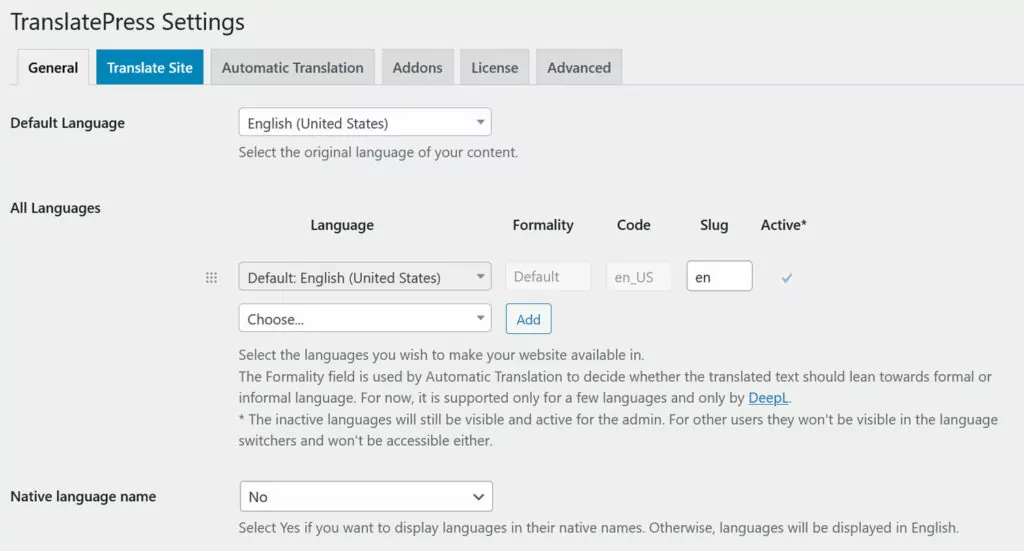 configuración general de traducirpress