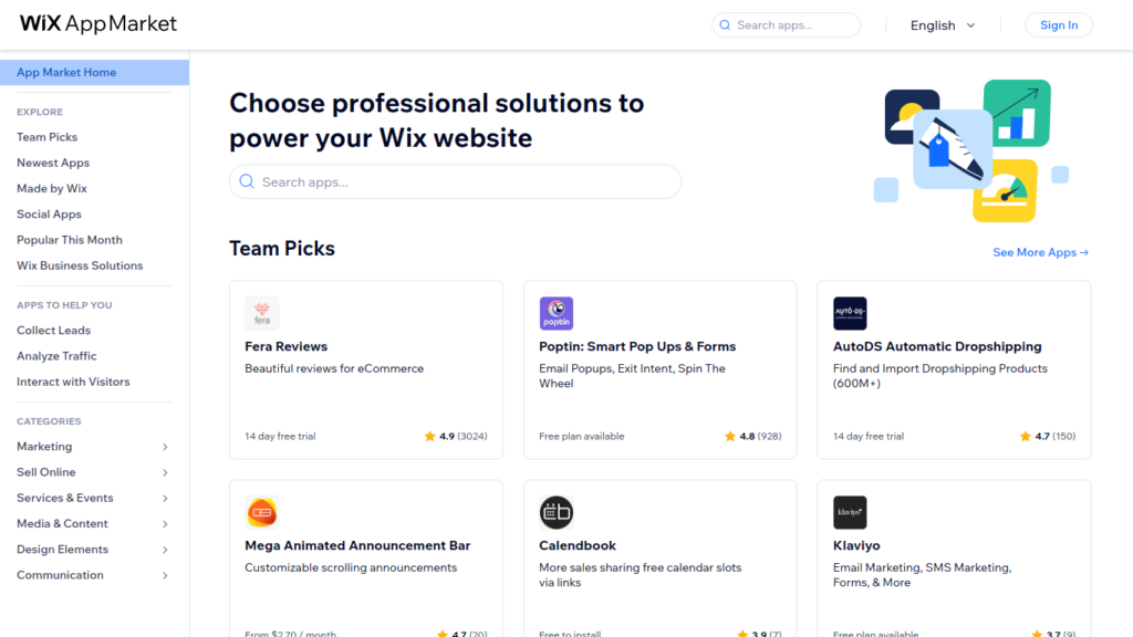 Wix アプリマーケットのスクリーンショット The homepage of the Wix app marketplace