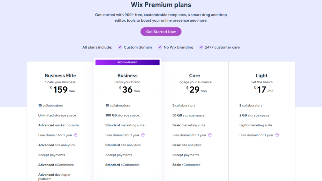 Wix 料金プランのスクリーンショット The Wix Premium plans subscription page.