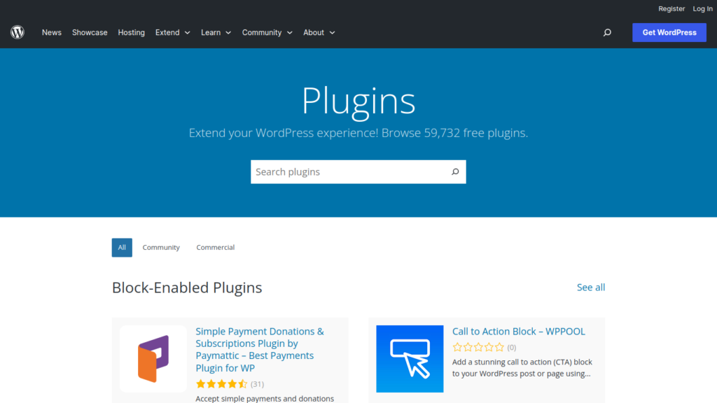 WordPress プラグイン ページのスクリーンショット The homepage of the WordPress plugins repository