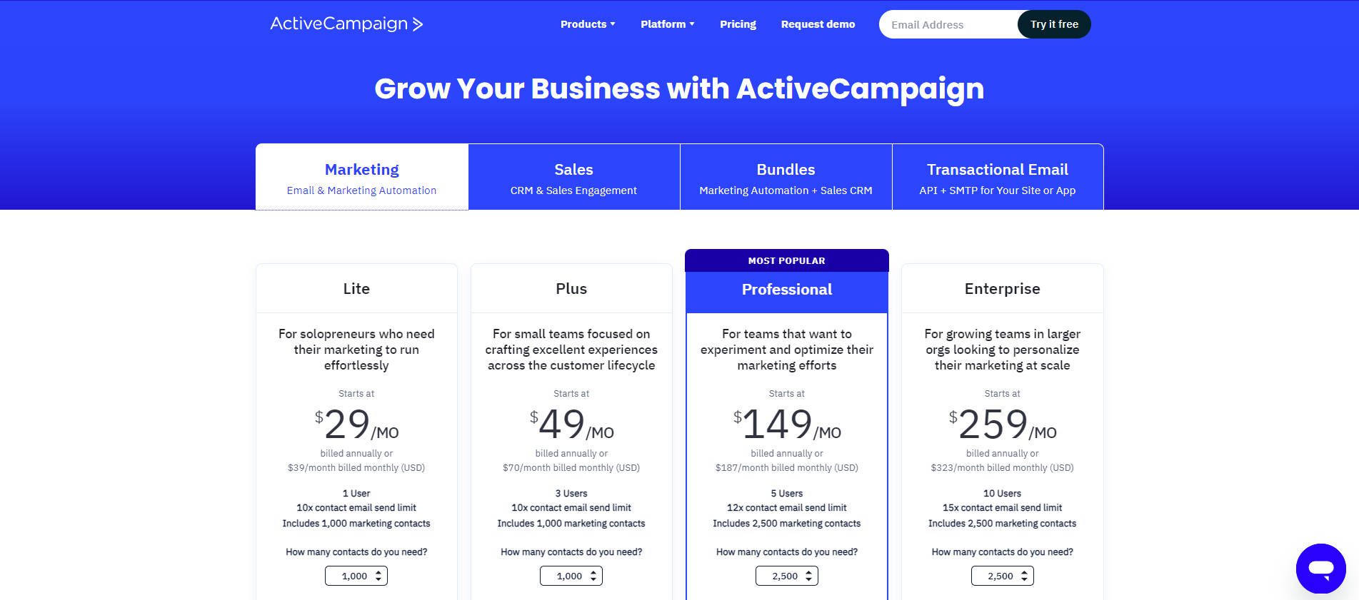 Campagne active – Page de tarification – Mars 2024