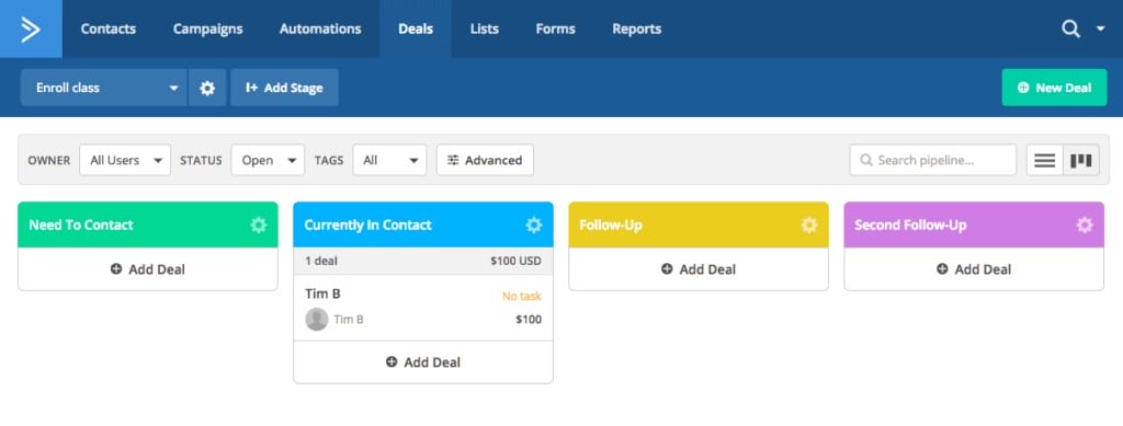 Kanban del canal de ofertas de ActiveCampaign