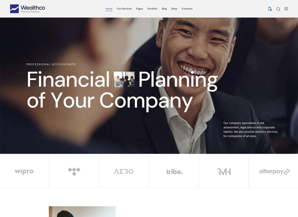 WealthCo - Tema WordPress pentru consultanță în afaceri și financiară