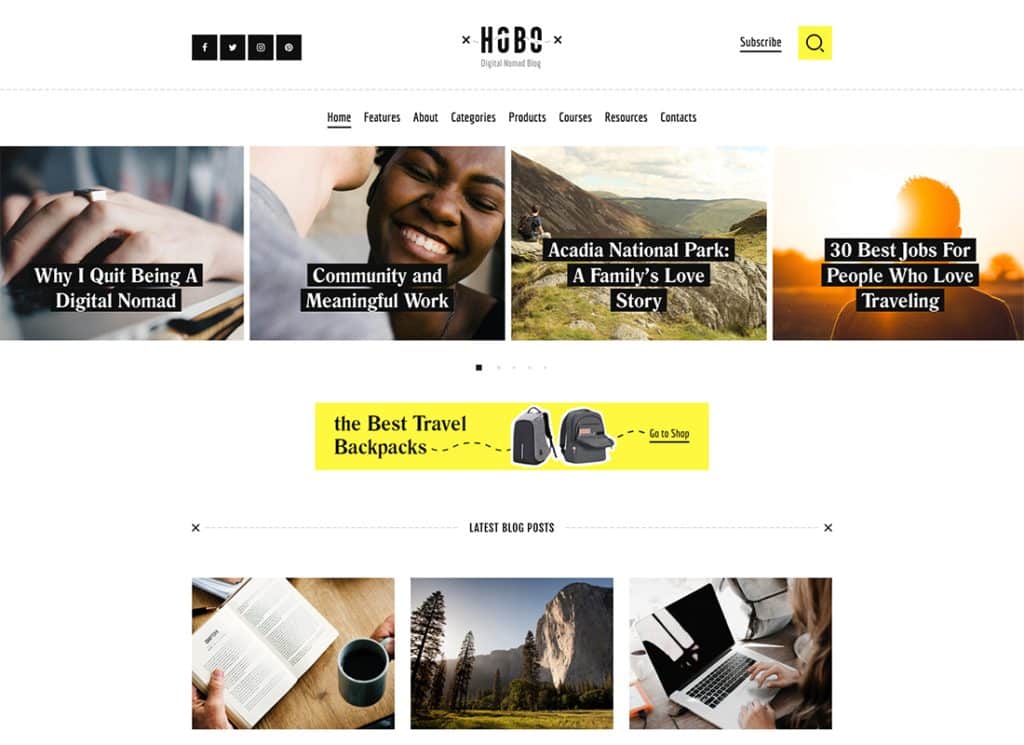 Hobo - Tema WordPress per blog sullo stile di vita di viaggio dei nomadi digitali