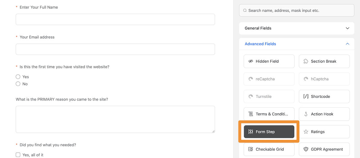 Il builder Fluent Forms che mostra il campo Fase modulo.