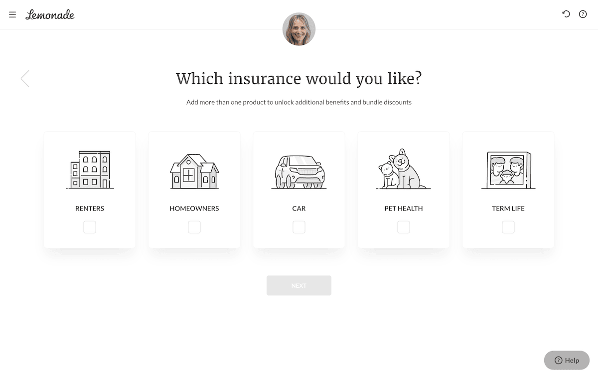 Bentuk multi-langkah Lemonade menunjukkan pilihan jenis asuransi.
