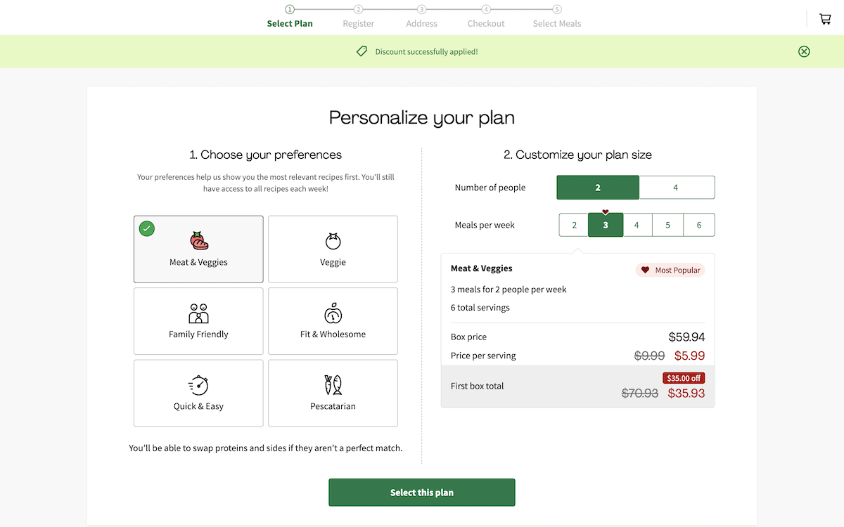 Der Checkout-Bildschirm von HelloFresh, der gleichzeitig als mehrstufiges Formular zur Auswahl eines Plans dient.