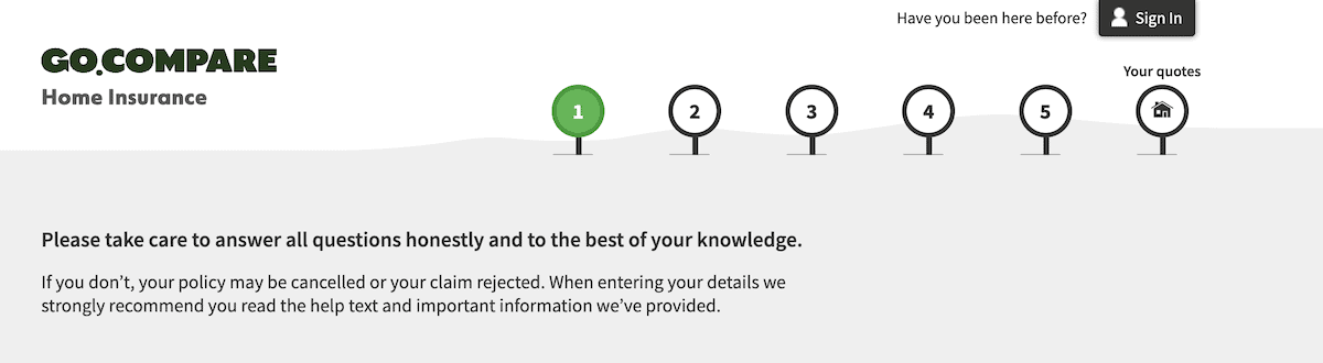 O site GoCompare mostrando o número de etapas necessárias para chegar ao final de um formulário de várias etapas