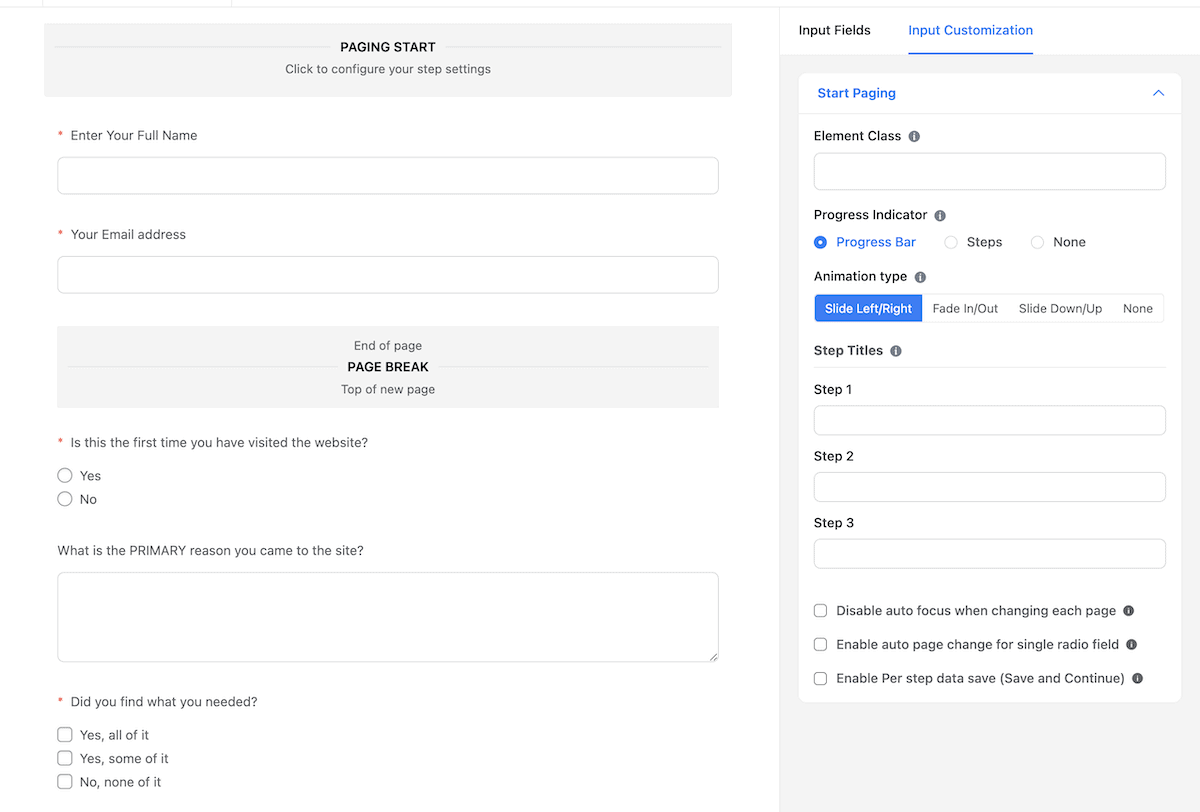 Personnalisation de la section Début de la pagination dans Fluent Forms.