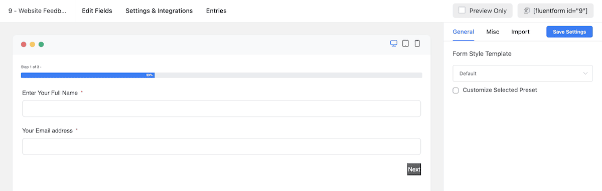 Bir sitenin ön ucunda bir formun önizlemesi.