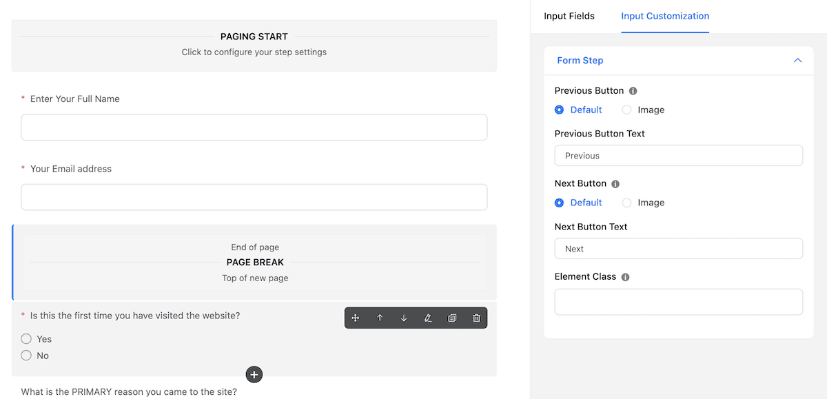 Trabajar con la configuración de Personalización de entrada dentro de un campo de salto de página.