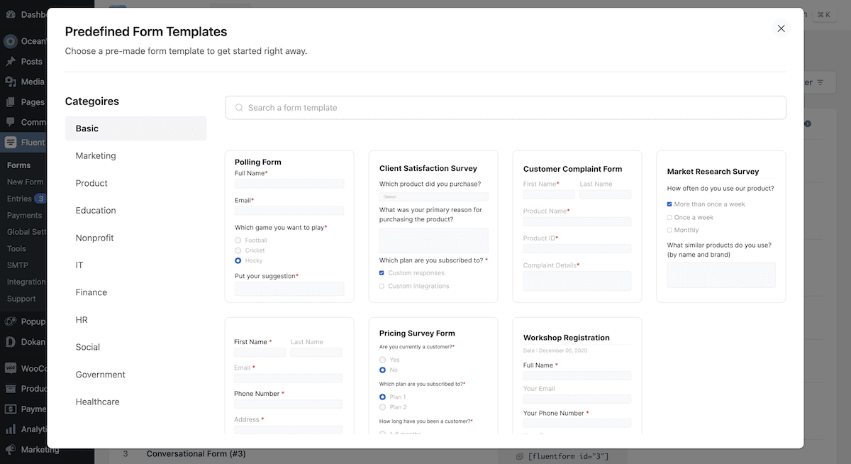 在 Fluent Forms 中选择预构建的模板。