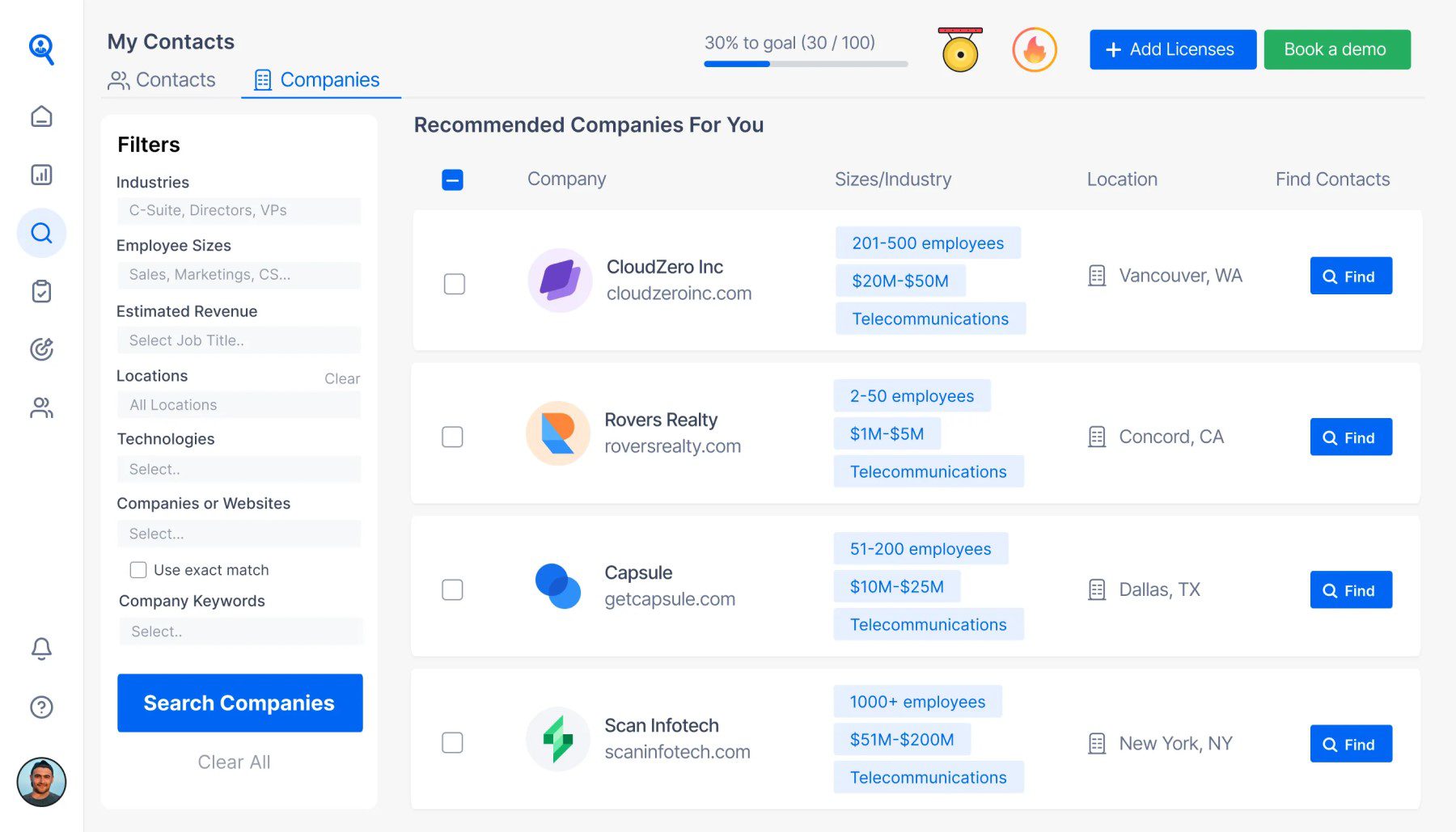 Filtrar empresas Encontrar contatos